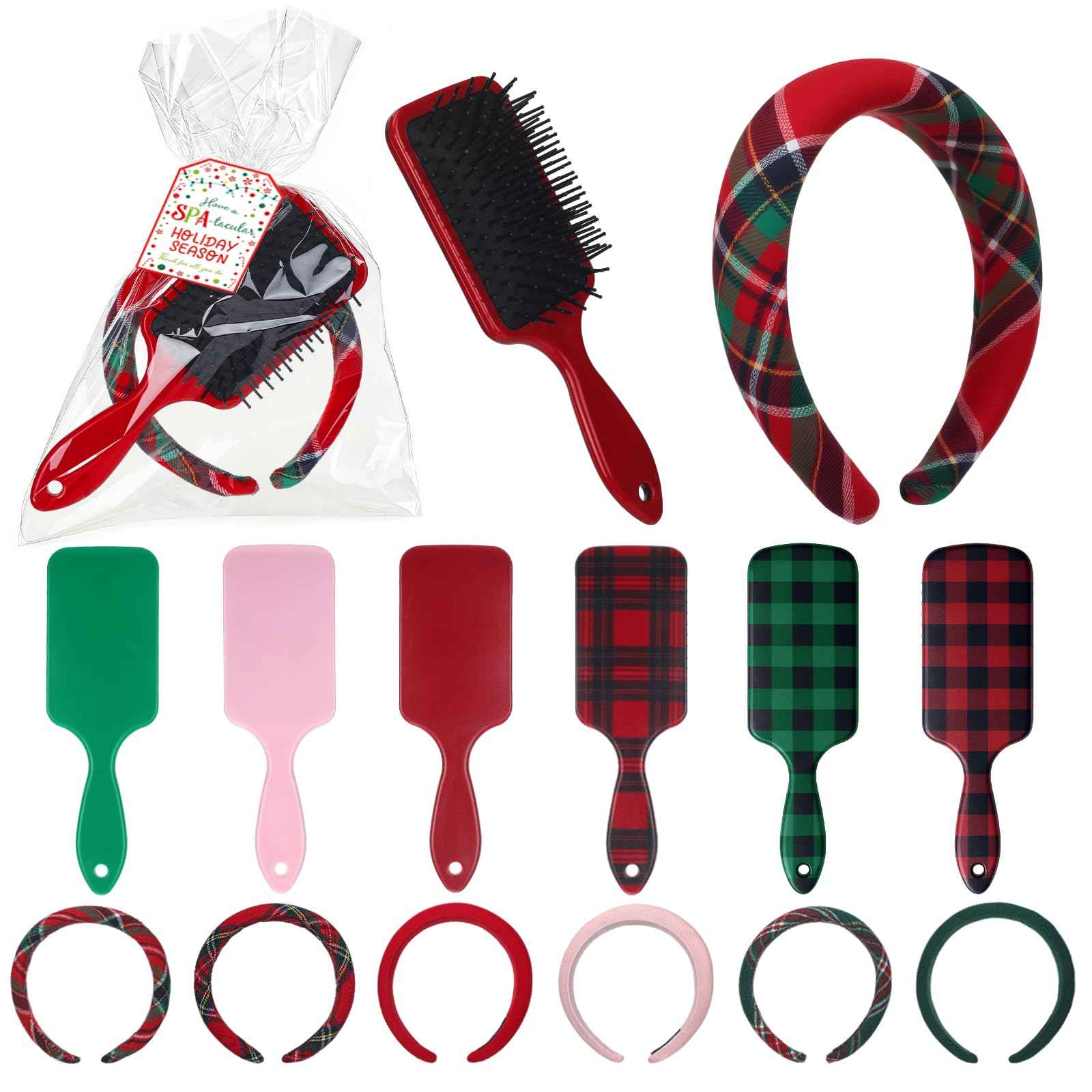 Vesici 6 Set Christmas Tartan Gift Bulk for Women Plaid Headbands Bulk Stocking Stuffers Head Spa Set Tartan Hair Brush with Plastic Bags & Labels Items Accessory for Spa Xmas Party Salon Makeup