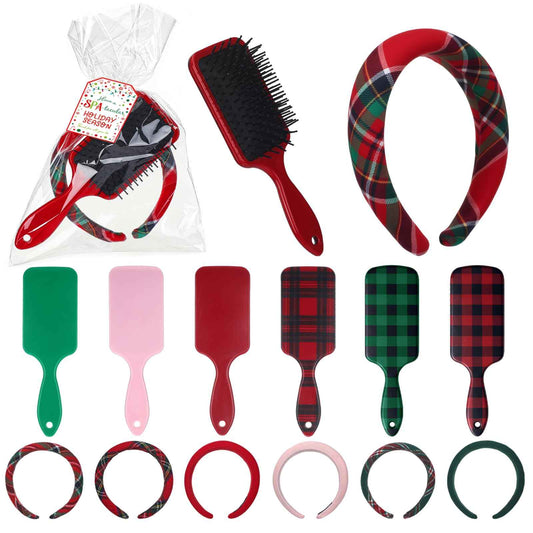 Vesici 6 Set Christmas Tartan Gift Bulk for Women Plaid Headbands Bulk Stocking Stuffers Head Spa Set Tartan Hair Brush with Plastic Bags & Labels Items Accessory for Spa Xmas Party Salon Makeup