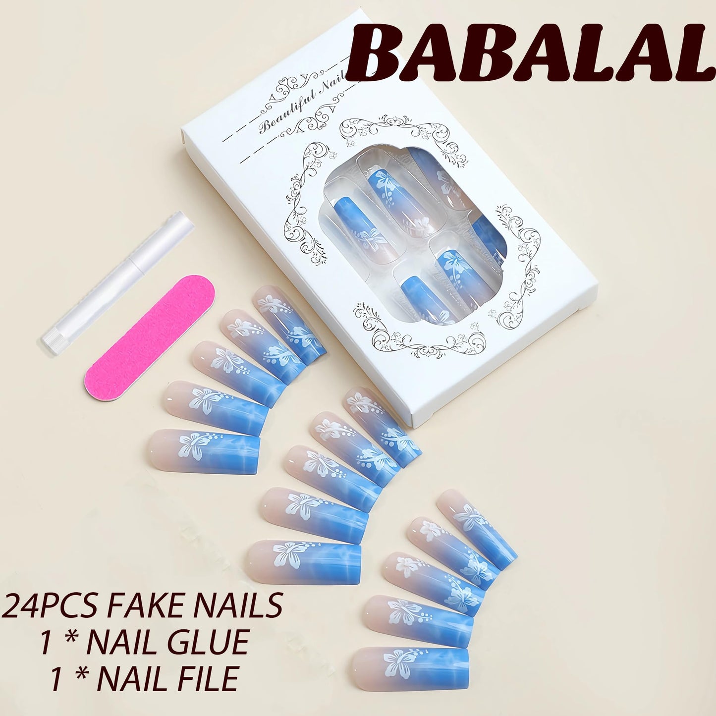 BABALAL Square Press on Nails Long Fake Nails Blue Glue on Nails White Flower Print Acrylic Nails 24Pcs Spring Summer Squoval Stick on False Nails for Women and Girls