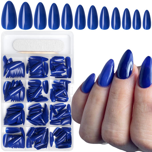 Bellelfin 360pcs Almond Press on Nails, Medium Length Fake Nails, Glossy Jewel Blue False Nails Acrylic Nails Press Ons with 10 Sheets Adhesive Tabs for Women Girls Fingernails Design