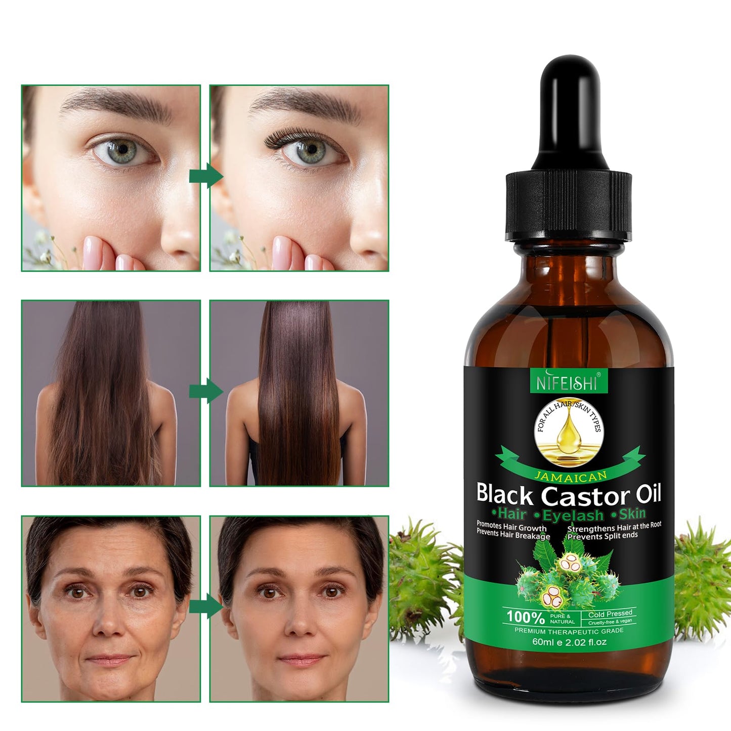 NIFEISHI Jamaican Black Castor Oil, 2PCS Organic Castor Oil for Hair Growth, 100% Cold Pressed Unrefined Castor Oil for Body Face, Skin Care, Body Massage Oil 60ml