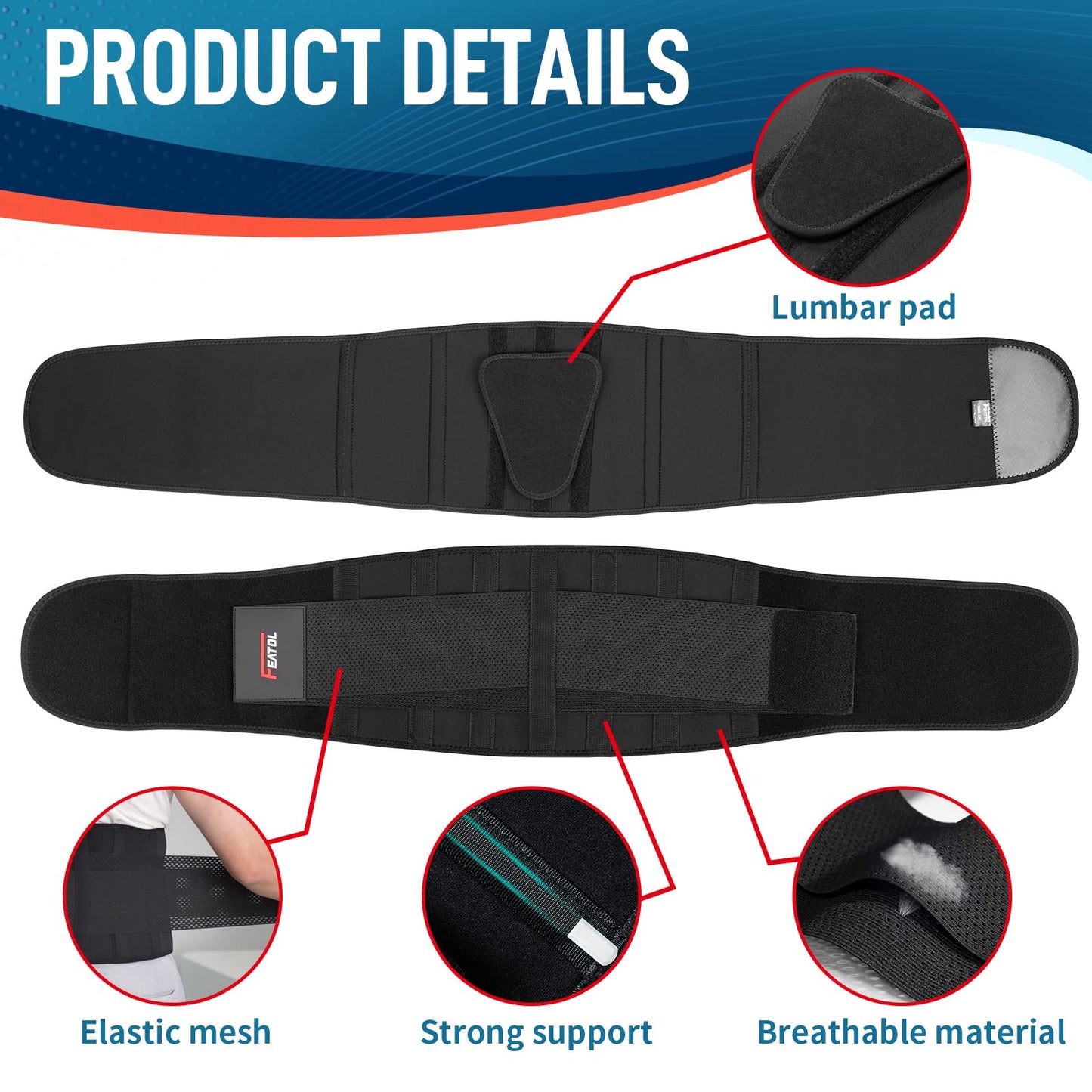 FEATOL Back Support Belt for Men & Women,Lumbar Belt for Lower Back Pain,Breathable Back Brace with Lumbar Pad for Scoliosis, Herniated Disc, Sciatica, Heavy Lifting & Working(Waist Size:68"-74.8")