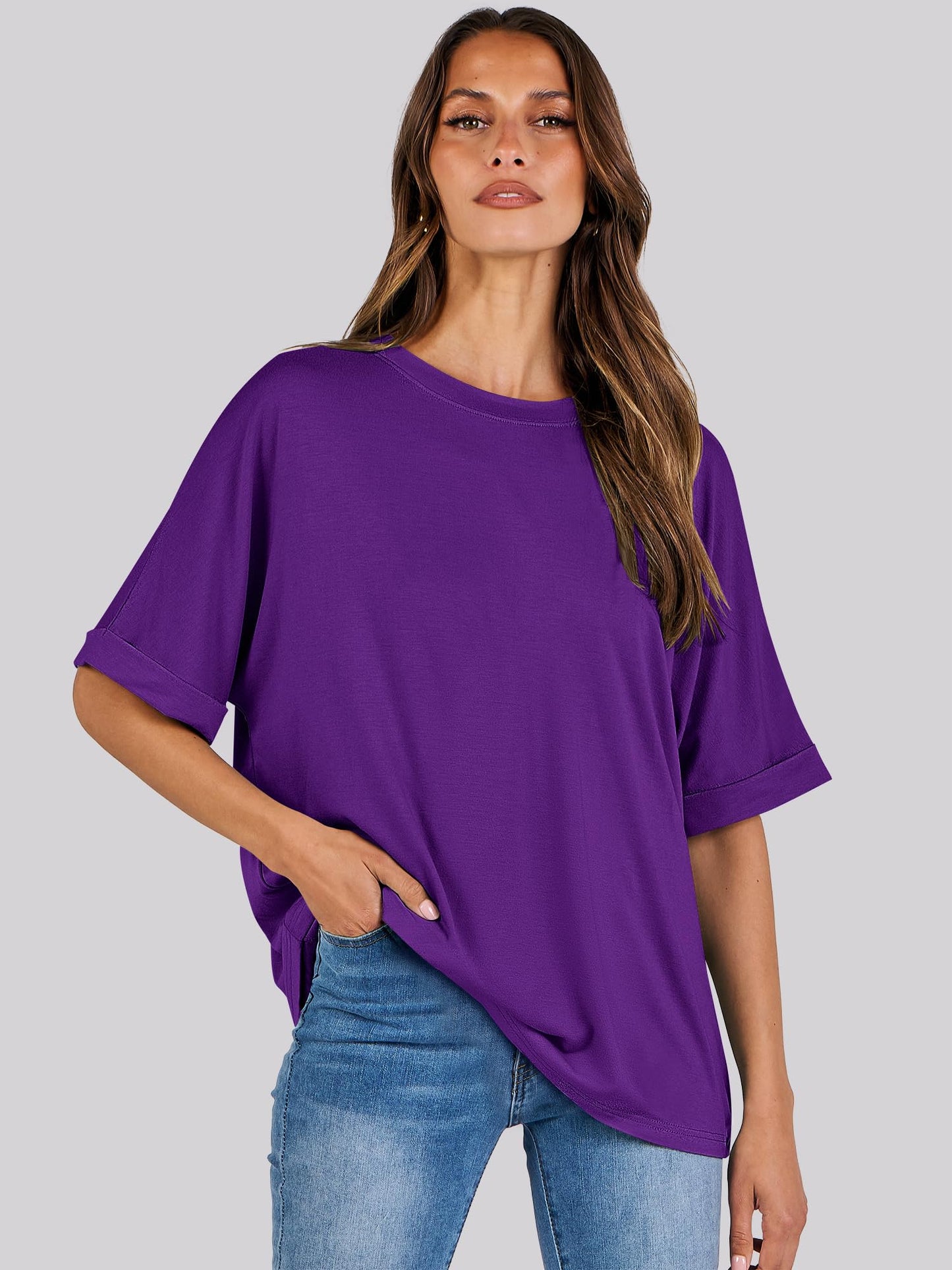 ANRABESS Women's Oversized T Shirts Short Sleeve Crewneck Summer Tops Casual Loose Basic Tee Shirts 2024 Trendy Clothes Dark Purple Small