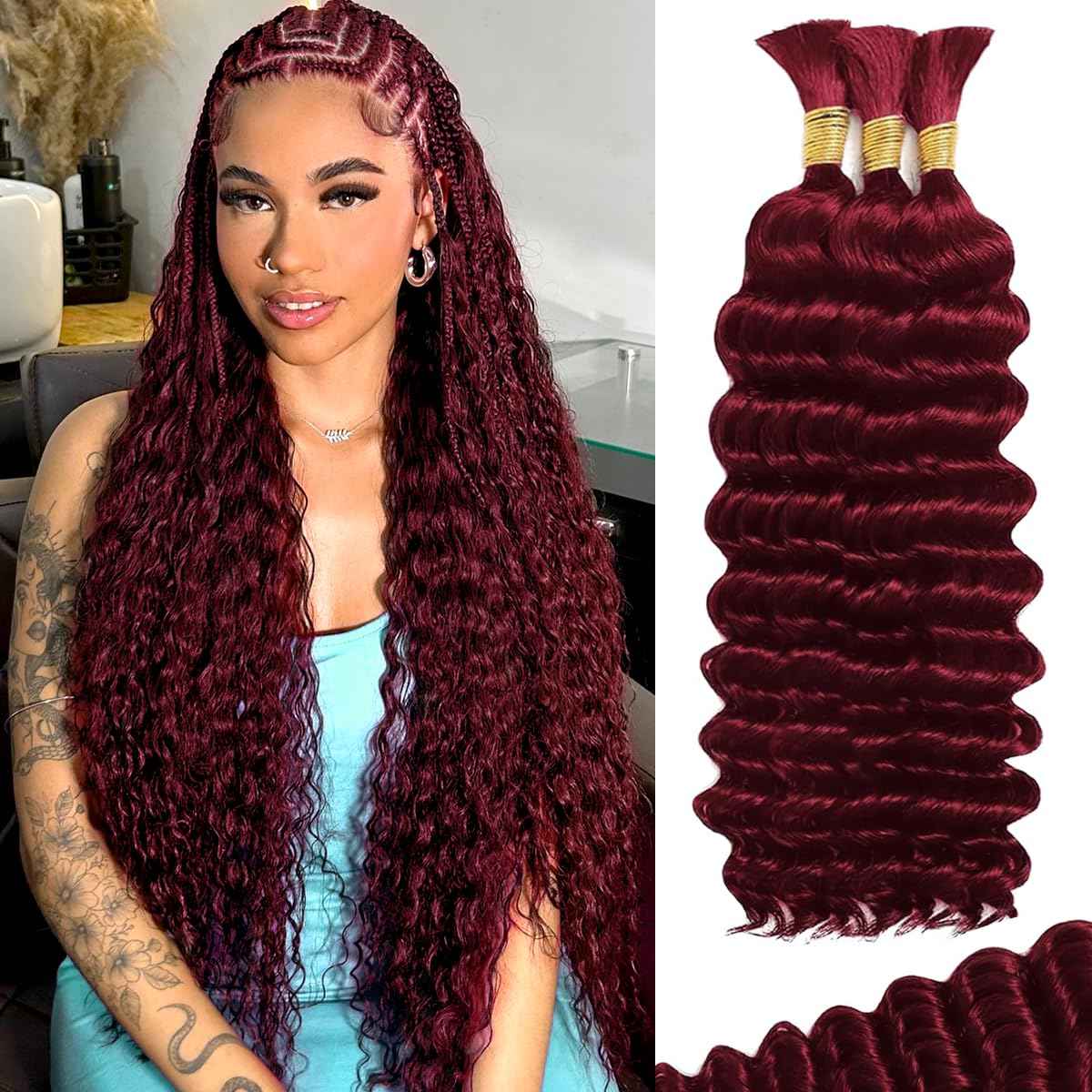 FONFUNY Human Braiding Hair for Boho Braids 120g Deep Wave Boho Bulk Human Hair for Braiding Knotless 12A Curly Wet and Wavy Bohemian Braids No Weft 3 Bundles/Pack Burgundy 14 Inch