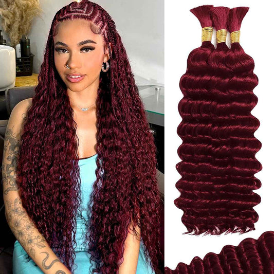 FONFUNY Human Braiding Hair for Boho Braids 120g Deep Wave Boho Bulk Human Hair for Braiding Knotless 12A Curly Wet and Wavy Bohemian Braids No Weft 3 Bundles/Pack Burgundy 14 Inch