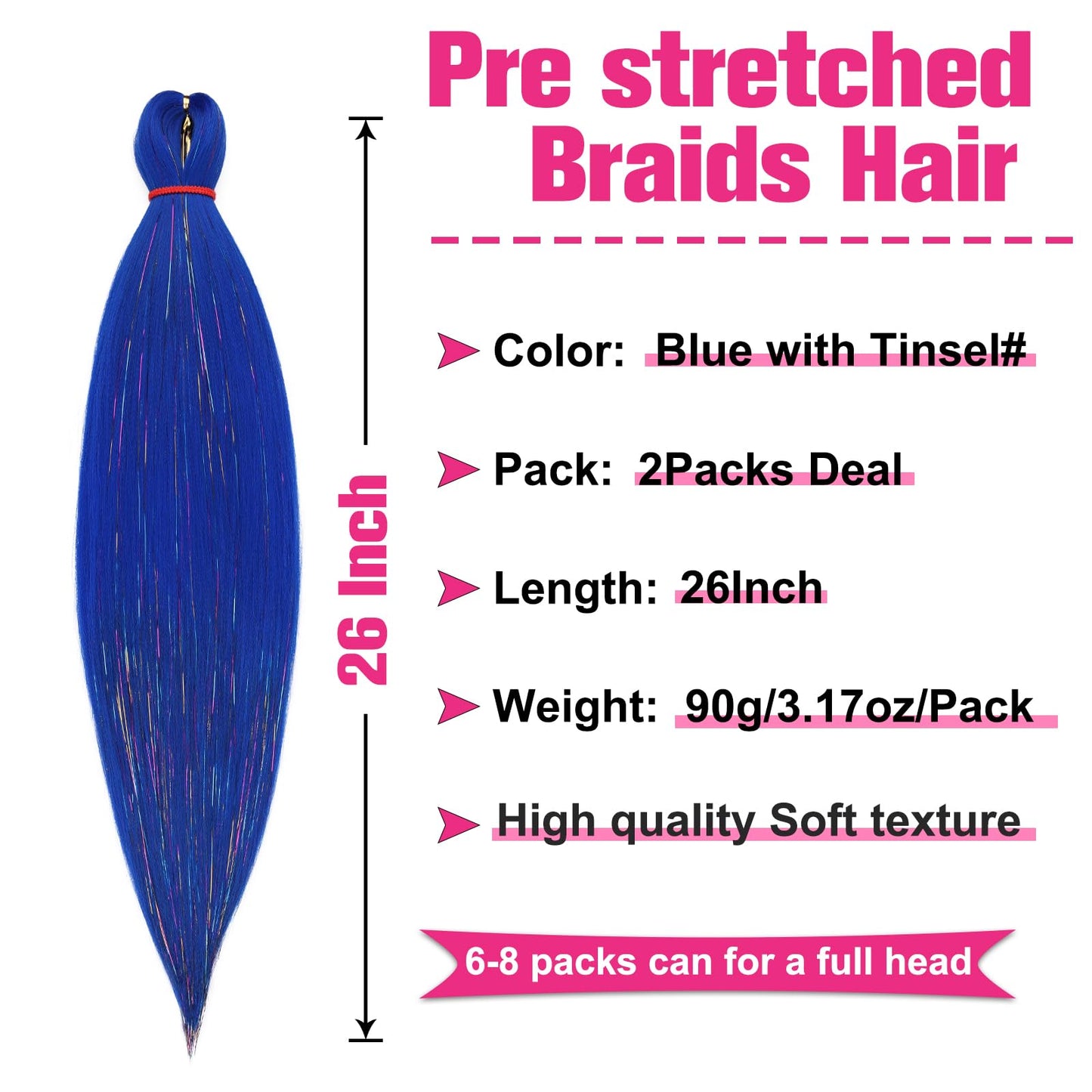 Unionbeauty 2 Packs 26 Inch Blue Pre Stretched Braiding Hair with Tinsel Shinny Kanekalon Box Braids for Boho Box Braids Yaki Texture Crochet Braids Easy Braid Hair Extensions Synthetic Crochet Hair