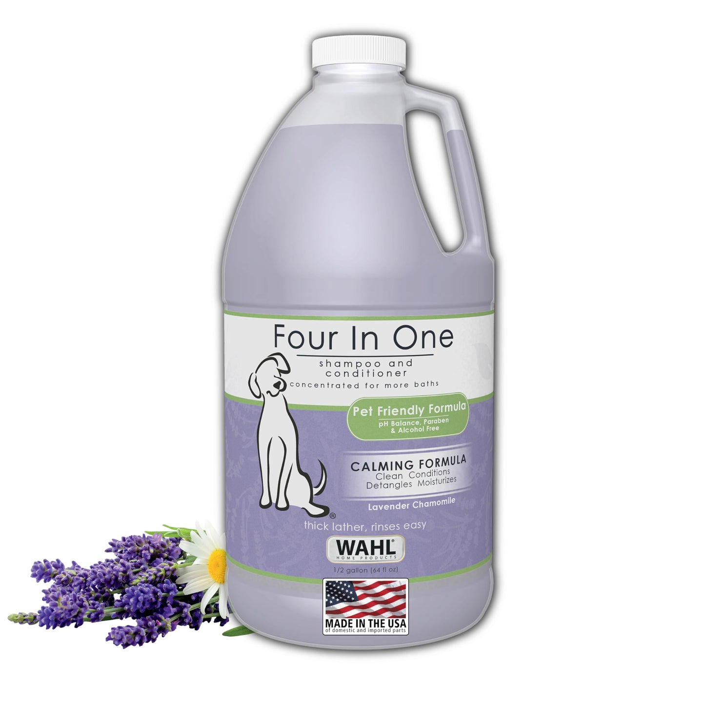 Wahl USA 4-in-1 Calming Pet Shampoo for Dogs – Cleans, Conditions, Detangles, & Moisturizes with Lavender Chamomile - Pet Friendly Formula – 64 Oz - Model 821000-050