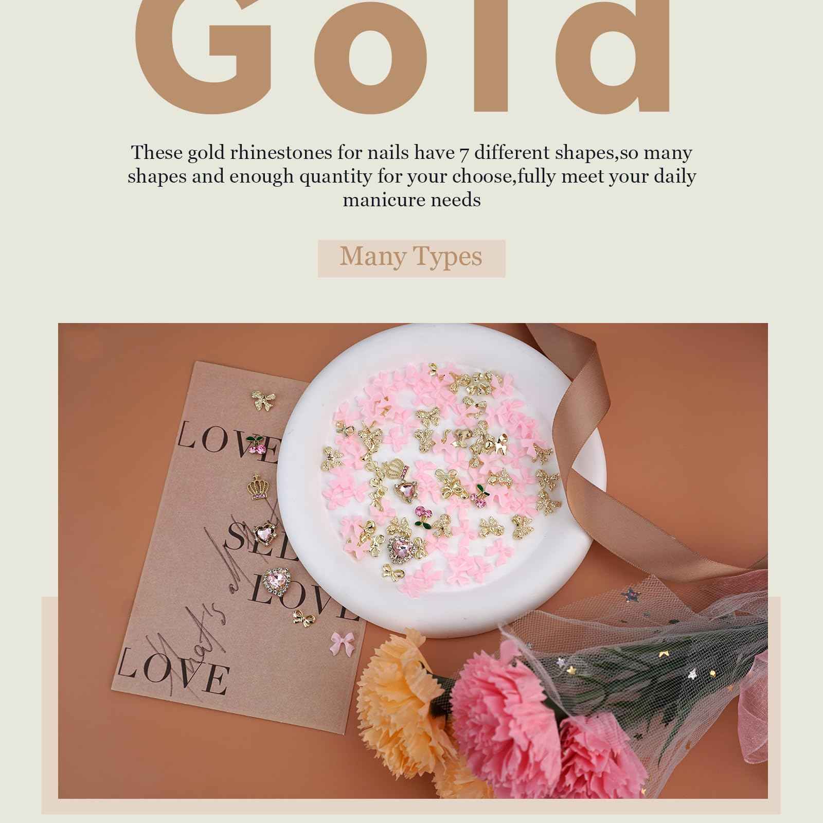 YAEISM 100PCS Gold Nail Charms 3D Valentine's Day Pink Heart Nail Charms Crystal Heart Nail Gems Shiny Bow Nail Charms Acrylic Bowknot for Women DIY Crafts Decoration