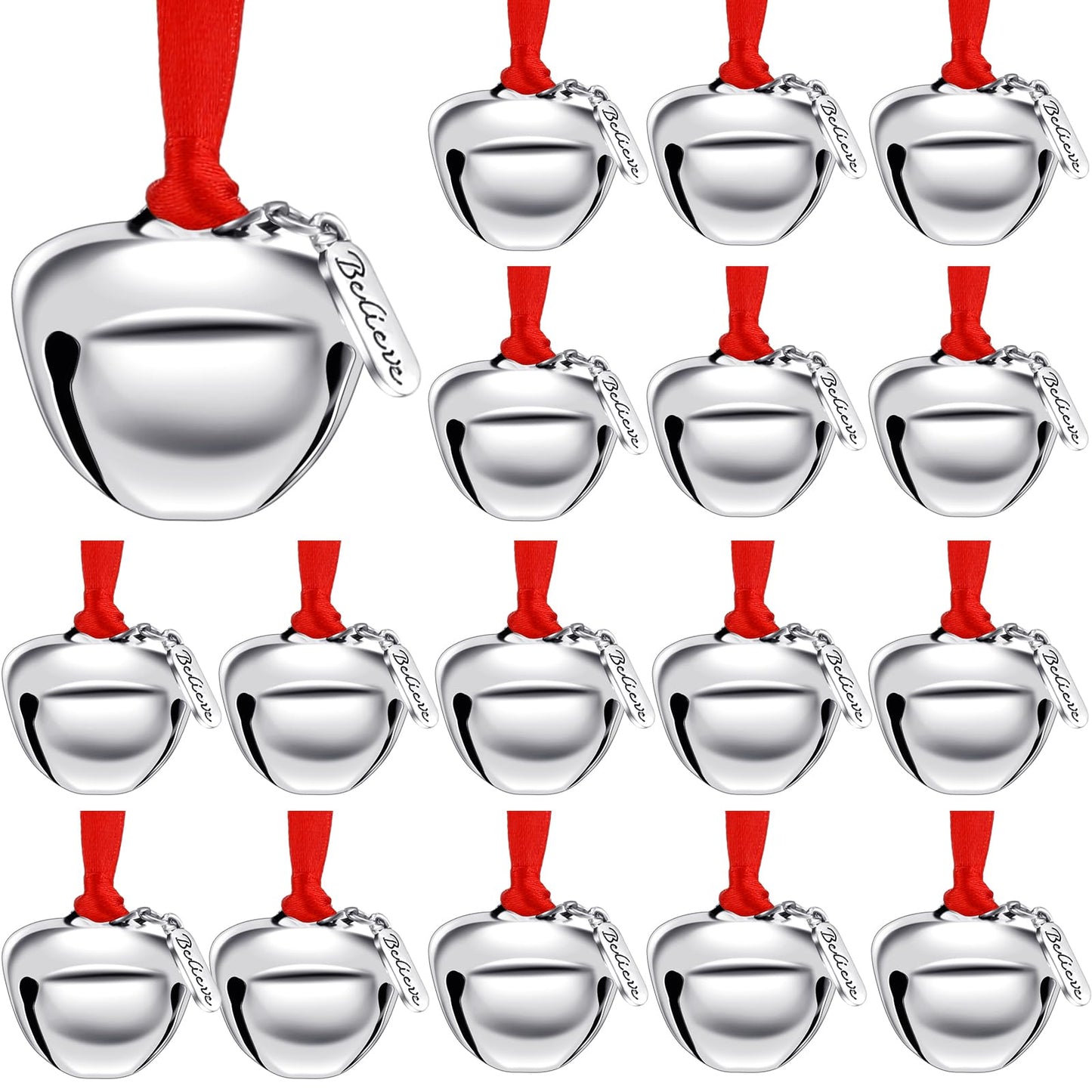 Sratte 50 Pcs Believe Christmas Bells Santa Claus Sleigh Bells Bulk Metal Silver Bells with Red Ribbon Father Christmas Bell Ornament for Christmas Tree Home Xmas Party Holiday Decoration, 1.5 Inch