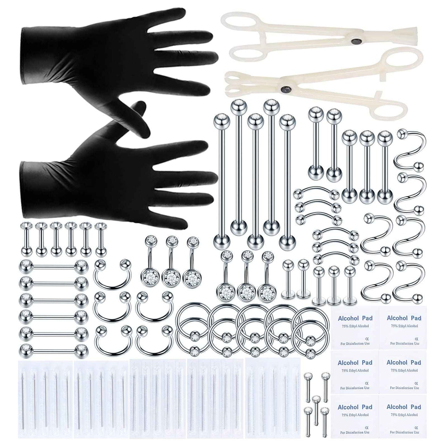 Oveta 100PCS Piercing Kit Stainless Steel 14G 16G 20G Nose Studs Lip Tongue Trague Cartilage Helix Daith Eyebrow Belly Button Ring Body Piercing Jewelry