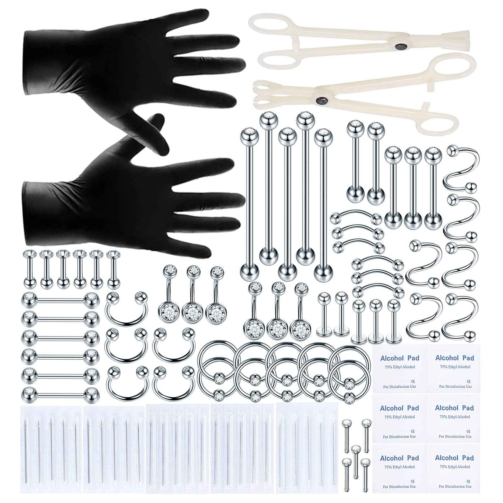 Oveta 100PCS Piercing Kit Stainless Steel 14G 16G 20G Nose Studs Lip Tongue Trague Cartilage Helix Daith Eyebrow Belly Button Ring Body Piercing Jewelry