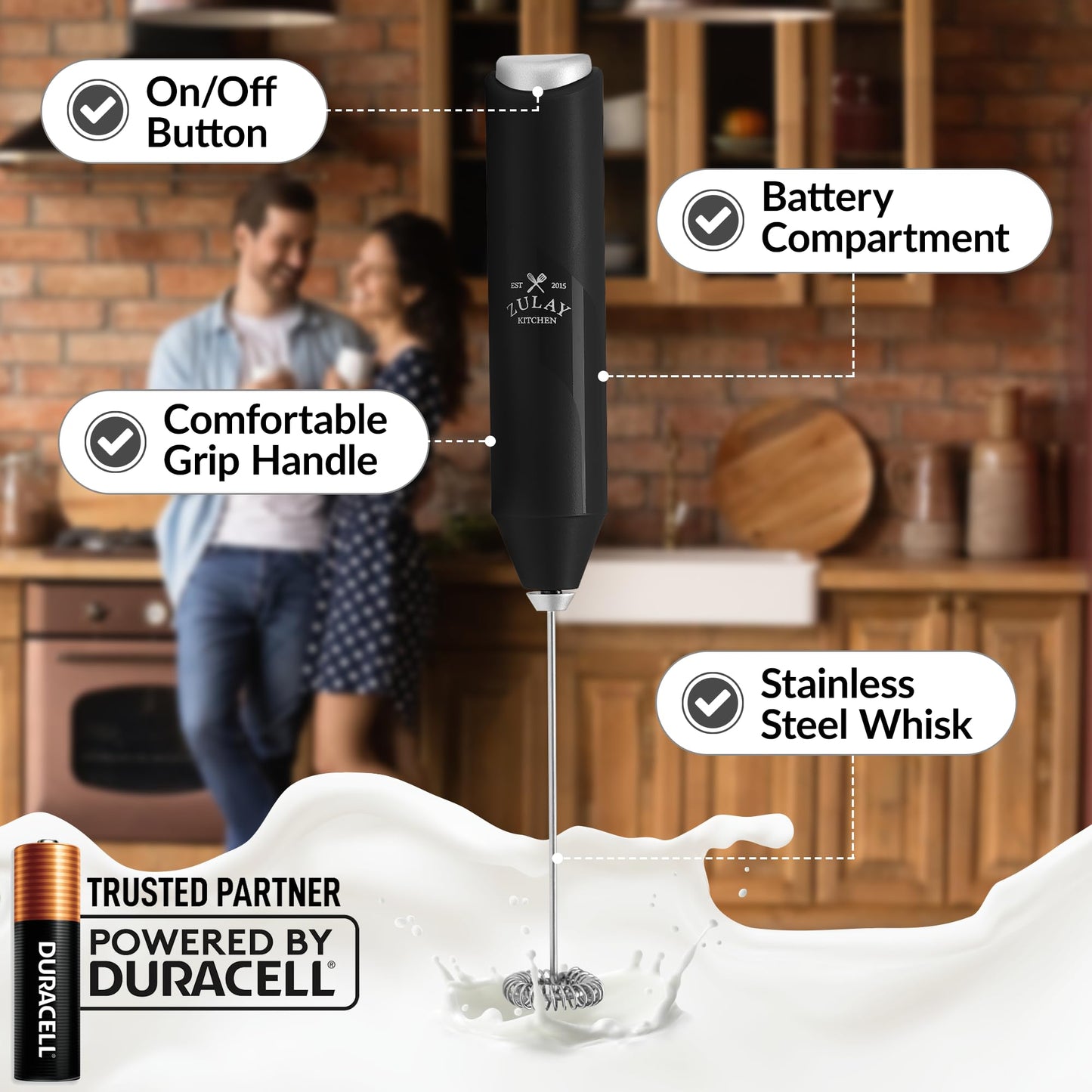 Zulay Kitchen Duracell Powered Milk Frother Handheld Foam Maker - Whisk Drink Mixer for Coffee, Latte, Matcha, Cappuccino - Mini Foamer by Milk Boss - Batteries Included - (Black/Silver)