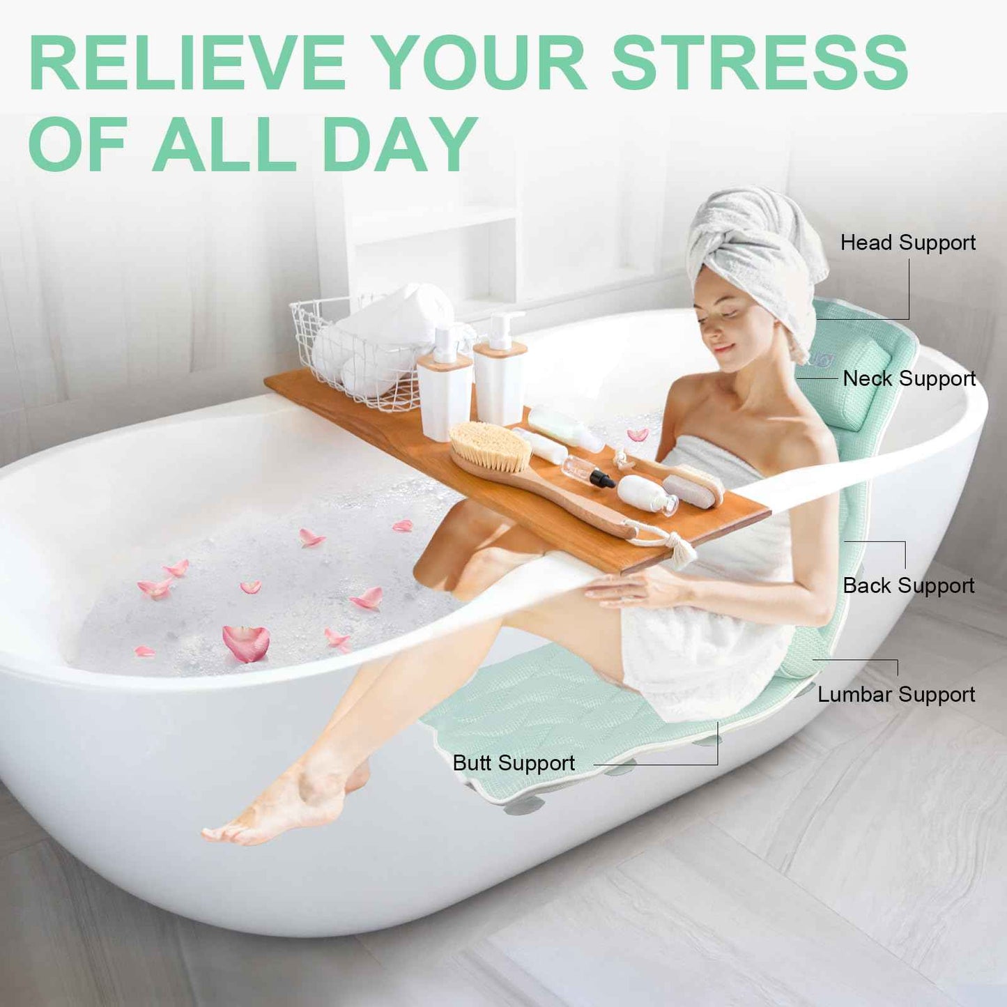 Full Body Bath Pillow Bathtub Pillows-Removable Lumbar Cushion with 17 Non-Slip Suction Cups 4D Air Mesh Fit Any Tub Luxury Bathroom Accessories-Green