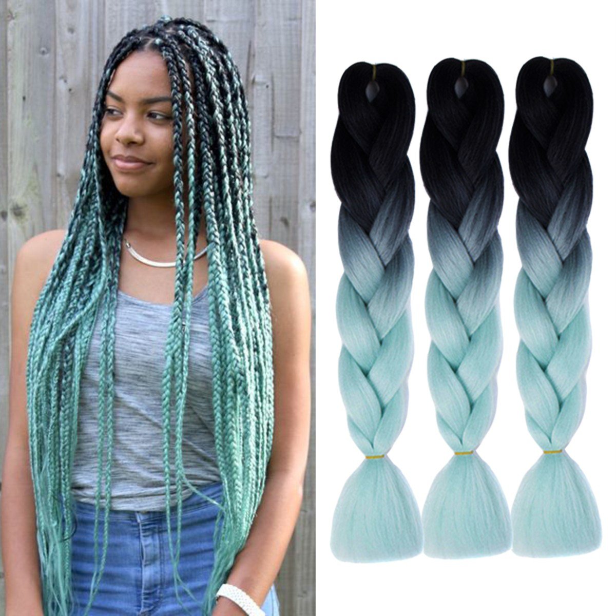 DOREN Ombre Jumbo Braiding Colorful Hair Extensions for Women DIY Synthetic Kanekalon Crochet Box Braids 100g/pc 3Packs/Lot(24 Inch, B16 Black to Mint Green)