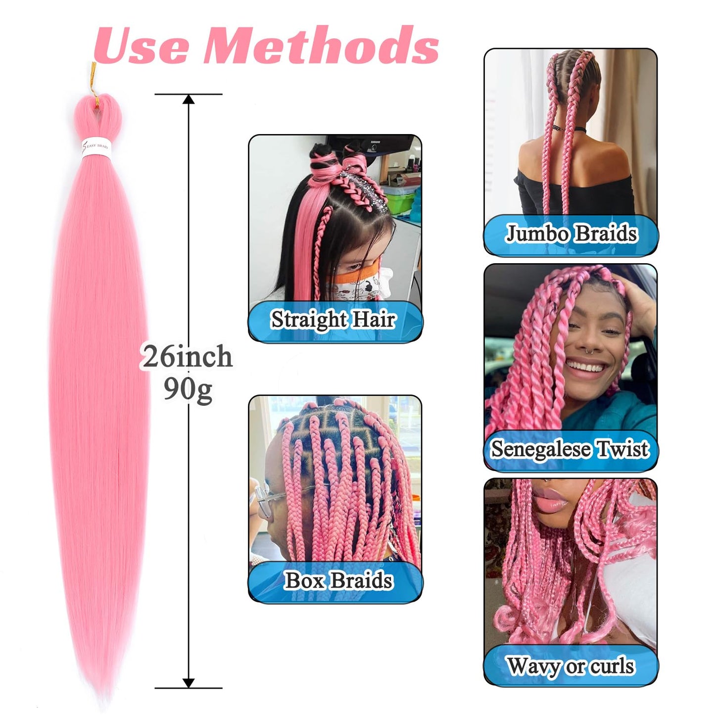 Royota Pink Braiding Hair Pre stretched 26 inch 3 Pieces Easy Braid Prestretched Colored Soft Yaki Pink Knotless Hair Extensions for Box Crochet Braids (Pink,26inch)