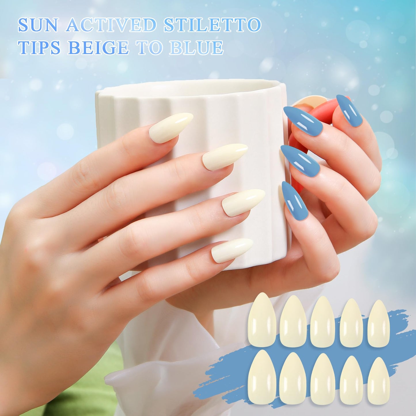 Color Changing Press on Nails Sun Actived Stiletto Tips Beige To Blue With Ultraviolet Light Pure Mood Change Fake Nails 24pcs