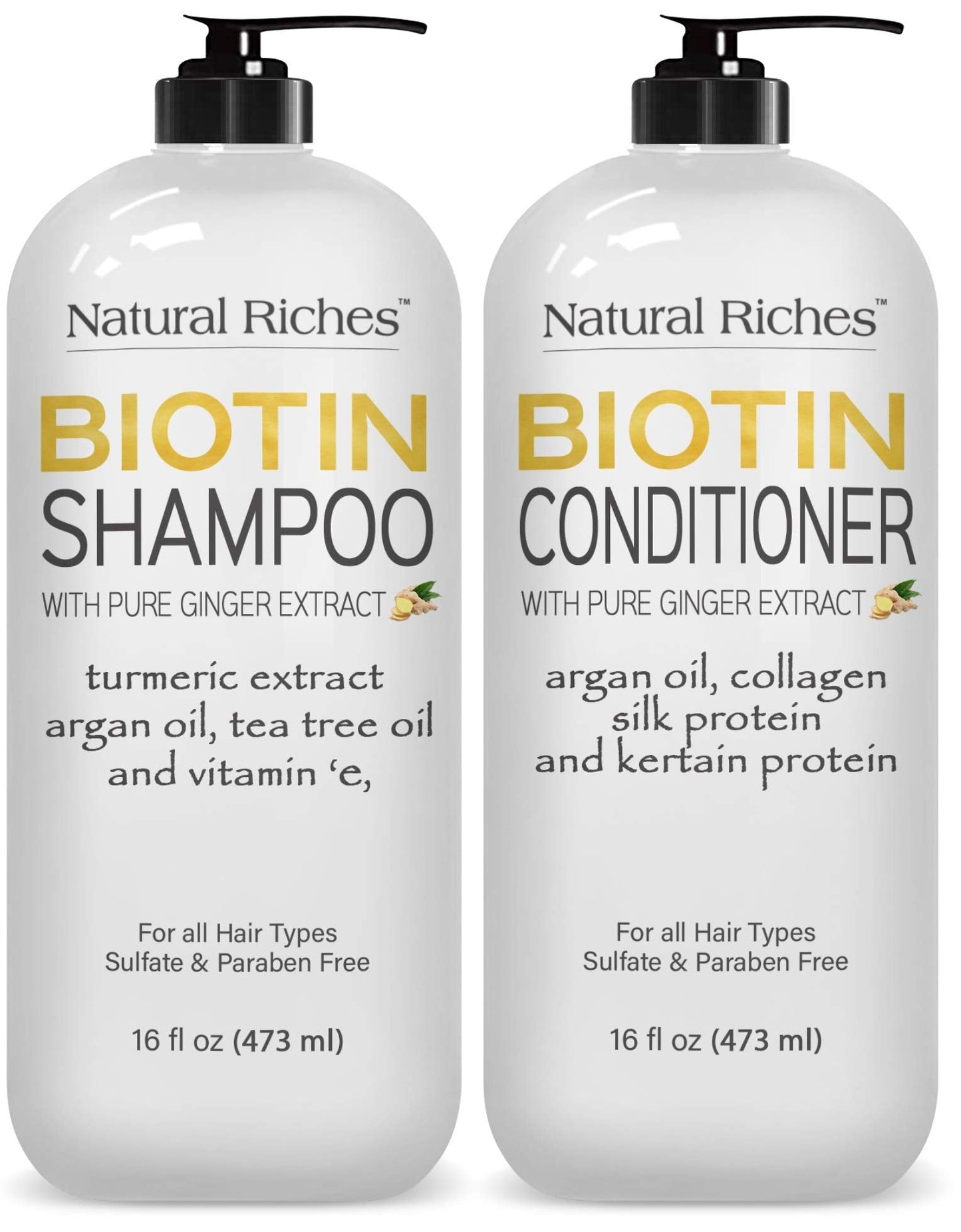 Natural Riches Biotin Shampoo and Conditioner Set W/Ginger Turmeric Extract & Keratin for Hair follicle Hair Loss and Thinning Hair gives Fuller Thicker Hair Sulfate free 2X16 fl oz.