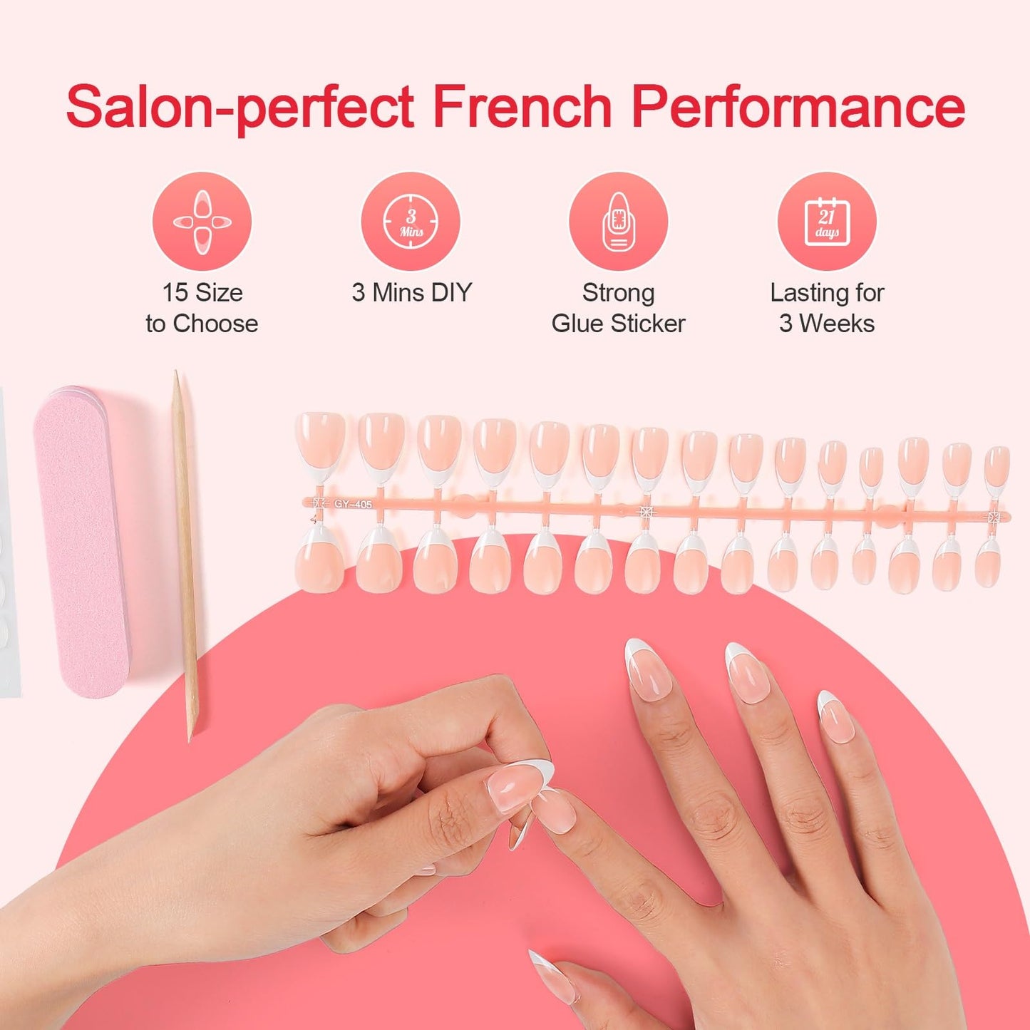 LIARTY 240 Pcs French Press On Nails Short Square, French Tip False Nails Manicure, 15 Size Acrylic Full Cover Artificial Fake Nails (Light Pink)