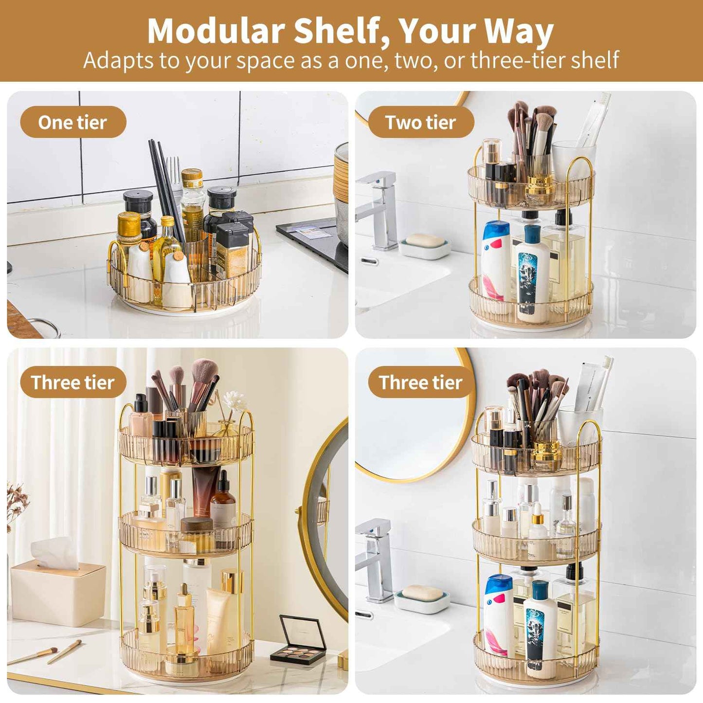 360° Rotating Makeup Organizer, Upgraded 3 Tier Skincare Perfume Organizers for Women, Bathroom Organizer Countertop, Clear Cosmetic Dresser Organizer with Makeup Brush Holder, Sink&Counter(Amber)