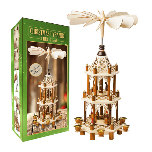 German Christmas Decoration Pyramid - 21 Inches - Wood Nativity Scene Set - Under The Christmas Tree and Table Top Holiday Decor - Nativity Play 3 Tiers Carousel with 6 Candle Holders - German Design