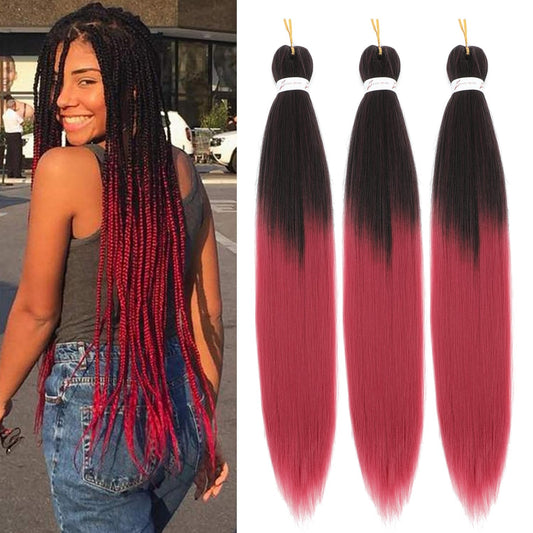 Ombre Burgundy Braiding Hair Pre Stretched Extensions Crochet Braiding Hair 26 Inch 3 Packs Hot Water Setting Professional Yaki Synthetic Hair For Twist Braids (26Inch,#1b/900)