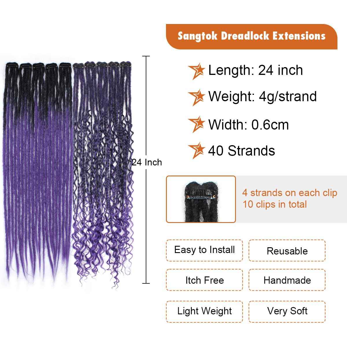 Sangtok 10 PCS Mixed Clip in Dreadlock Extensions, 24 inch Synthetic Dreads Extensions, Thin Straight Dreadlock for Women, 1b-purple