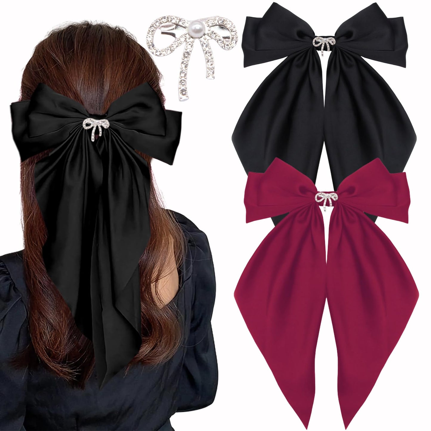 Big Bow Hair Clips for Women And Girls, Cute Silky Satin Bows Barrettes Hair Accessories Oversized Long Tail Ribbons Metal Hairpin 2pcs (black+wine red)