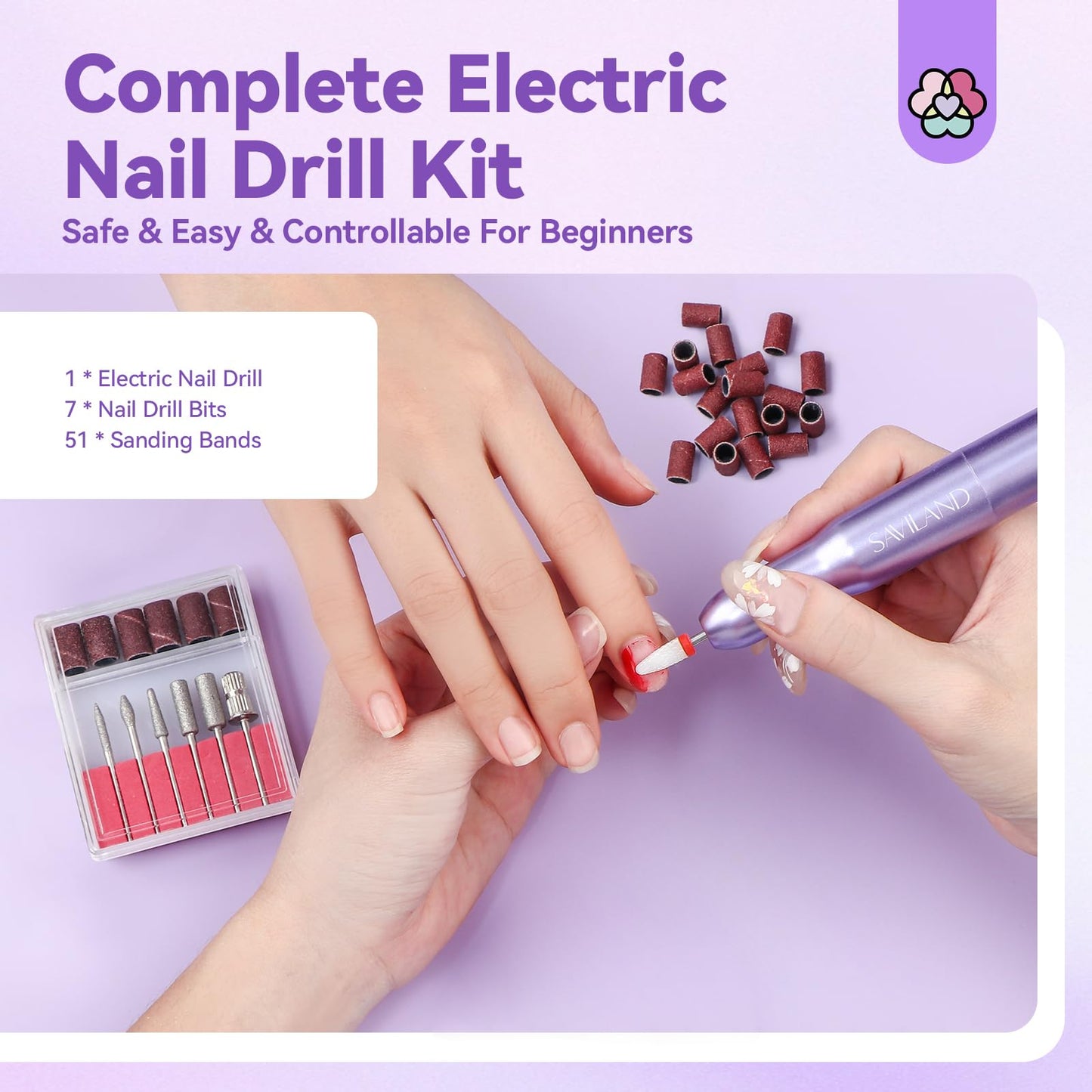 SAVILAND Nail Drill: Portable Electric Nail Drill Kit 20000RPM Nail Drill Purple 7 Nail Drill Bits Cuticle Bit Nail File (100/180 Grit) 51 Sanding Bands Beginners at Home Manicure Pedicure