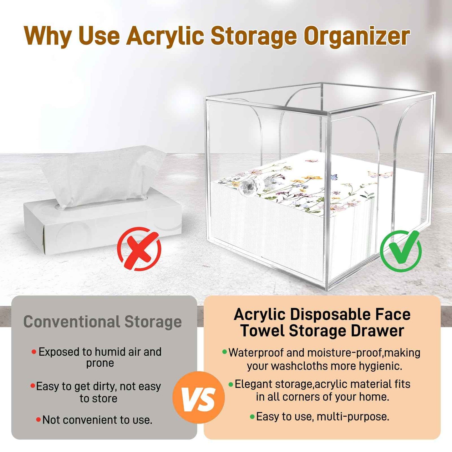 YSCGRICH Disposable Face Towel Holder Acrylic Storage Box, Makeup Remover Dry Wipe Organizer for Clean Skin Club Clean Towel XL, Skin Care Luxe Container for Facial Washing