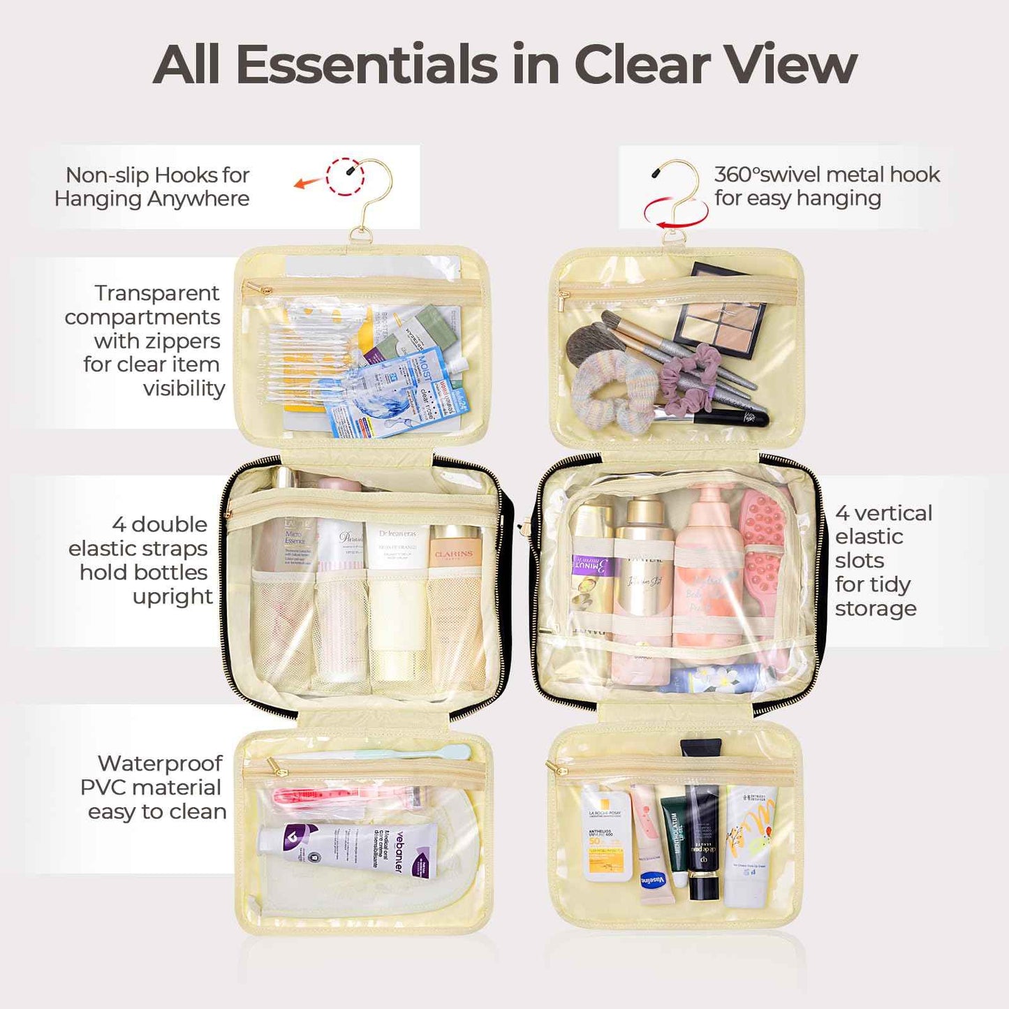 JIECH Hanging Travel Toiletry Bag for Women Detachable Toiletry Bag with 6 Compartments Large Makeup Bag Cosmetic Organizer for Bathroom Shower Business Trips Camping，Black