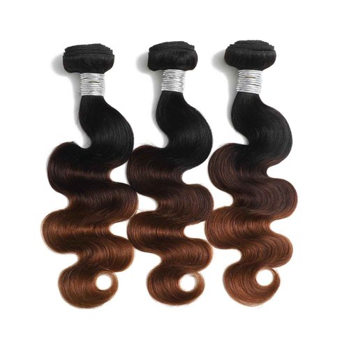 AUROO T1B/2/30 Chestnut Brown Ombre Human Hair Bundles Body Wave, 12A Thick Track 100% Virgin Human Hair Bundles Dark Roots Bundle 3 Tone Ombre Medium Auburn Colored Single Bundle Quick Weaves 12 Inch