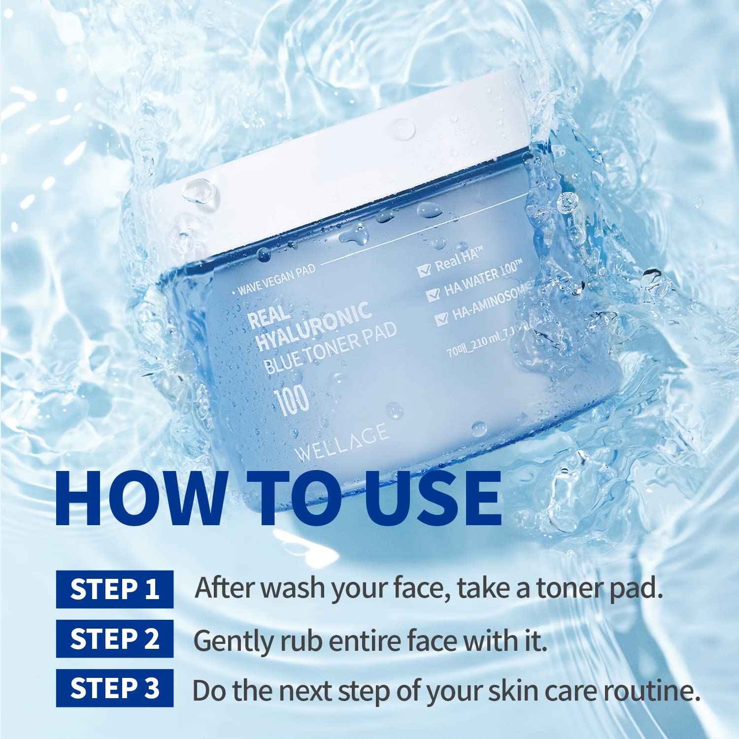 WELLAGE Real Hyaluronic Blue Toner Pad – Korean Skincare Zero Pore Facial Pads 70 Sheets, Hyaluronic Water Jojoba, Quick Soothing & Moisturizing - Hypoallergenic Exfoliating for Skin Smooth