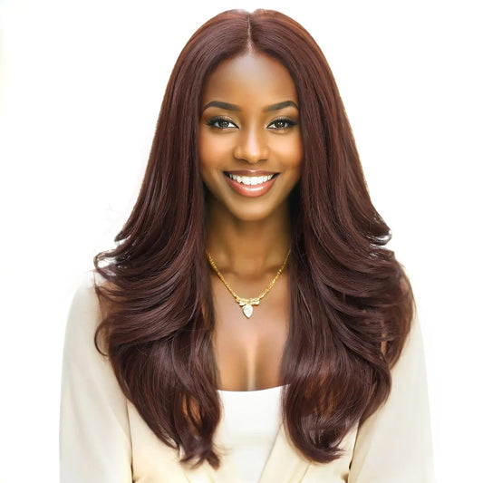 YOKAS Long Wavy Chocolate Brown Synthetic Lace Front Wig 13x4x1 T Lace Front Wigs 22 Inch Middle Part Synthetic Heat Resistant Fiber Wig Pre-Plucked Hairline with Baby Hair for Daily Party Use（33#）