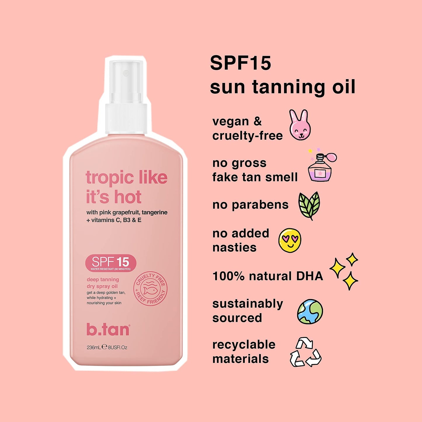 b.tan SPF 15 Deep Dry Spray Tanning Oil | Tropic Like It's Hot - Keeps Skin Hydrated & Hot from Grapefruit, Tangerine, Vitamins C, B5, E, A, 8 Fl Oz