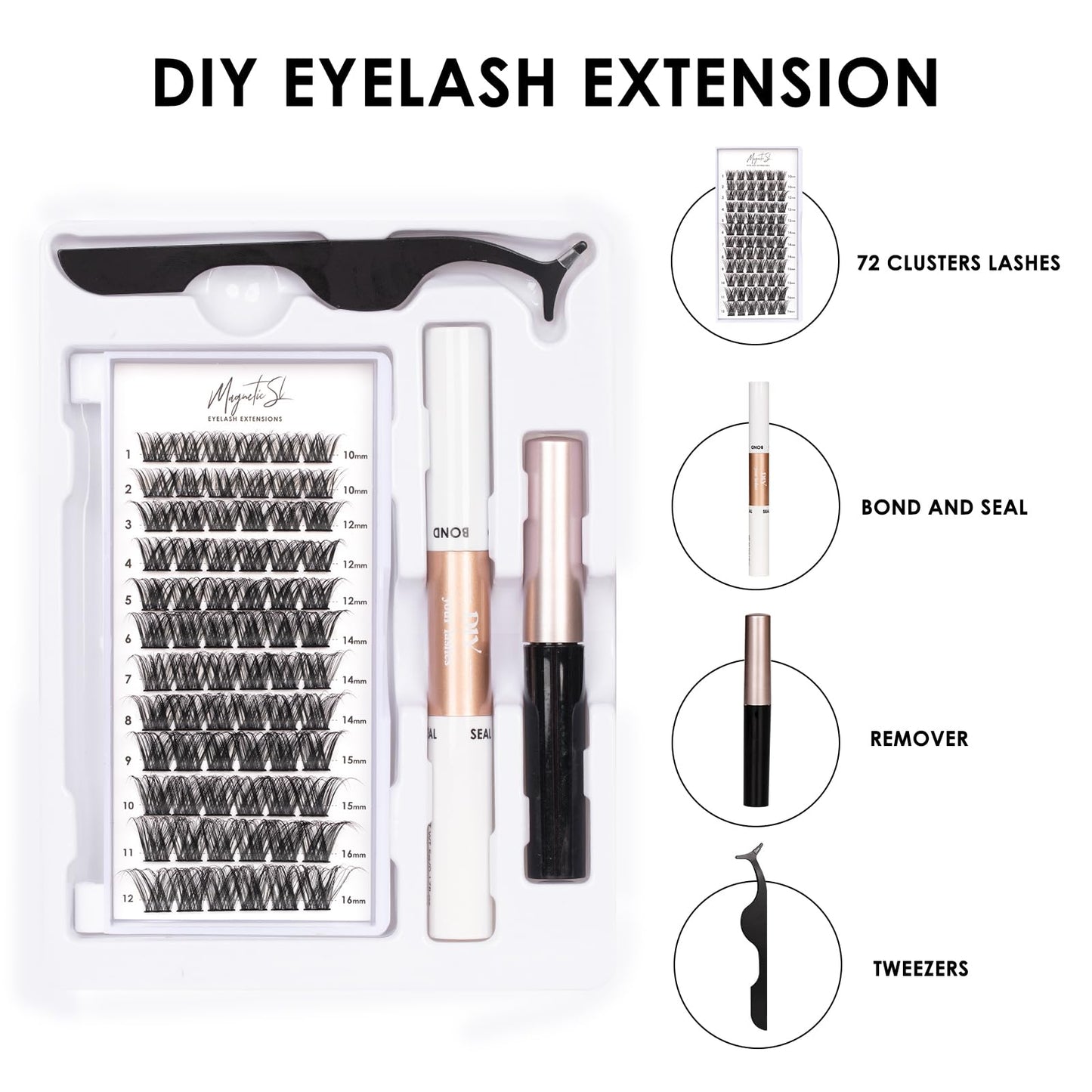 DIY Lash Extensions Kit 72 Individual Lashes Clusters Eyelash with Applicator and Lash Bond & Seal, Clusters Lash Glue Remover Mix 10-16mm C D Curl EASY TO USE-DM01