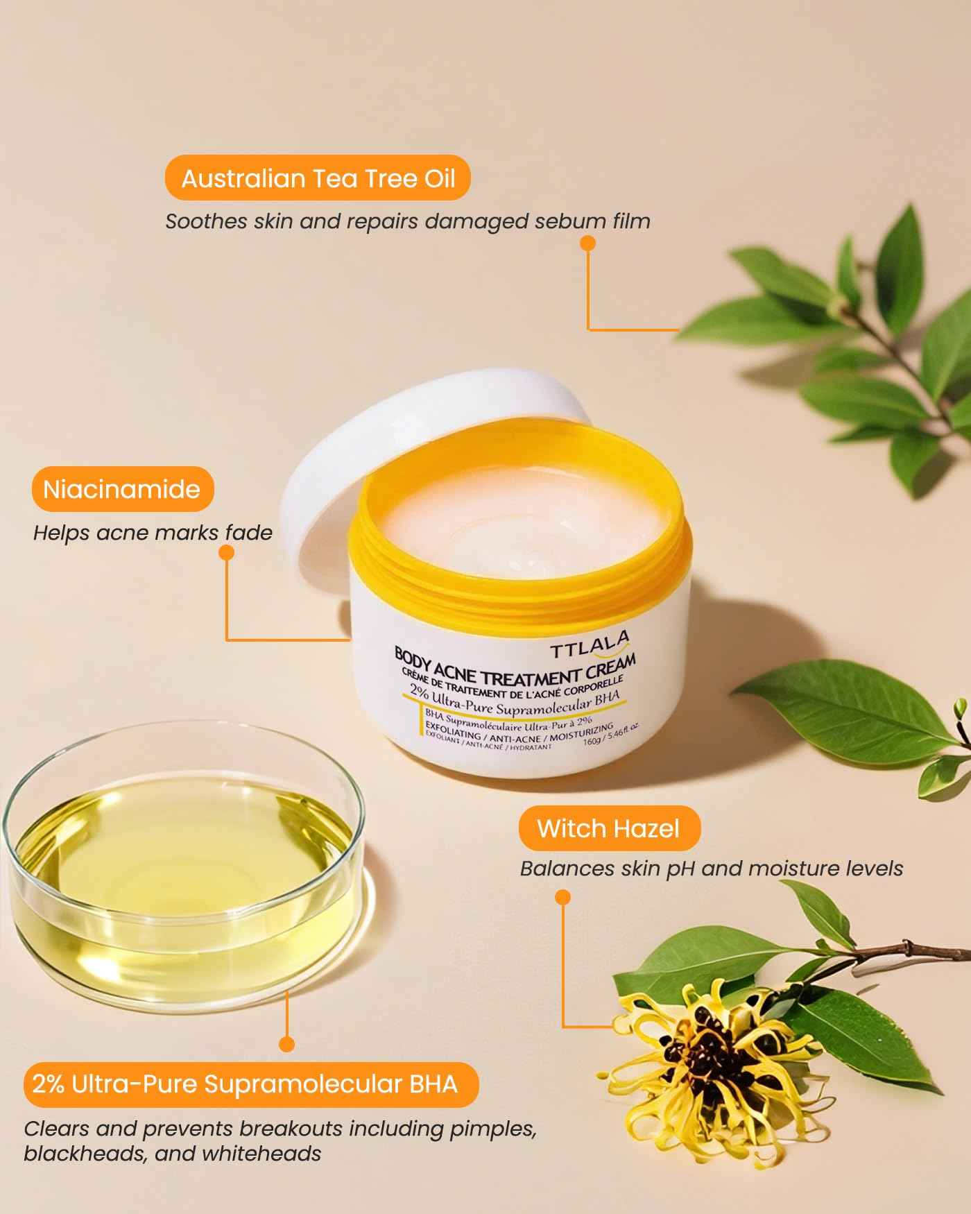 Butt Acne Clearing Treatment, Moisturizer Cream with 2% Salicylic Acid, Tea Tree Oil & Witch Hazel, Body Back Acne Treatment, Cystic Acne Treatment for Skin Delicate and Smooth 5.4oz