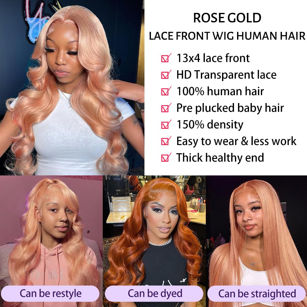 SFD Pink Blonde Lace Front Wig Human Hair 13x4 HD Lace Rose Gold Human Hair Wigs Pre Plucked Peachy Blonde Colored Wig Human Hair For Women 150% Density Body Wave Lace Front Wig 24 Inch