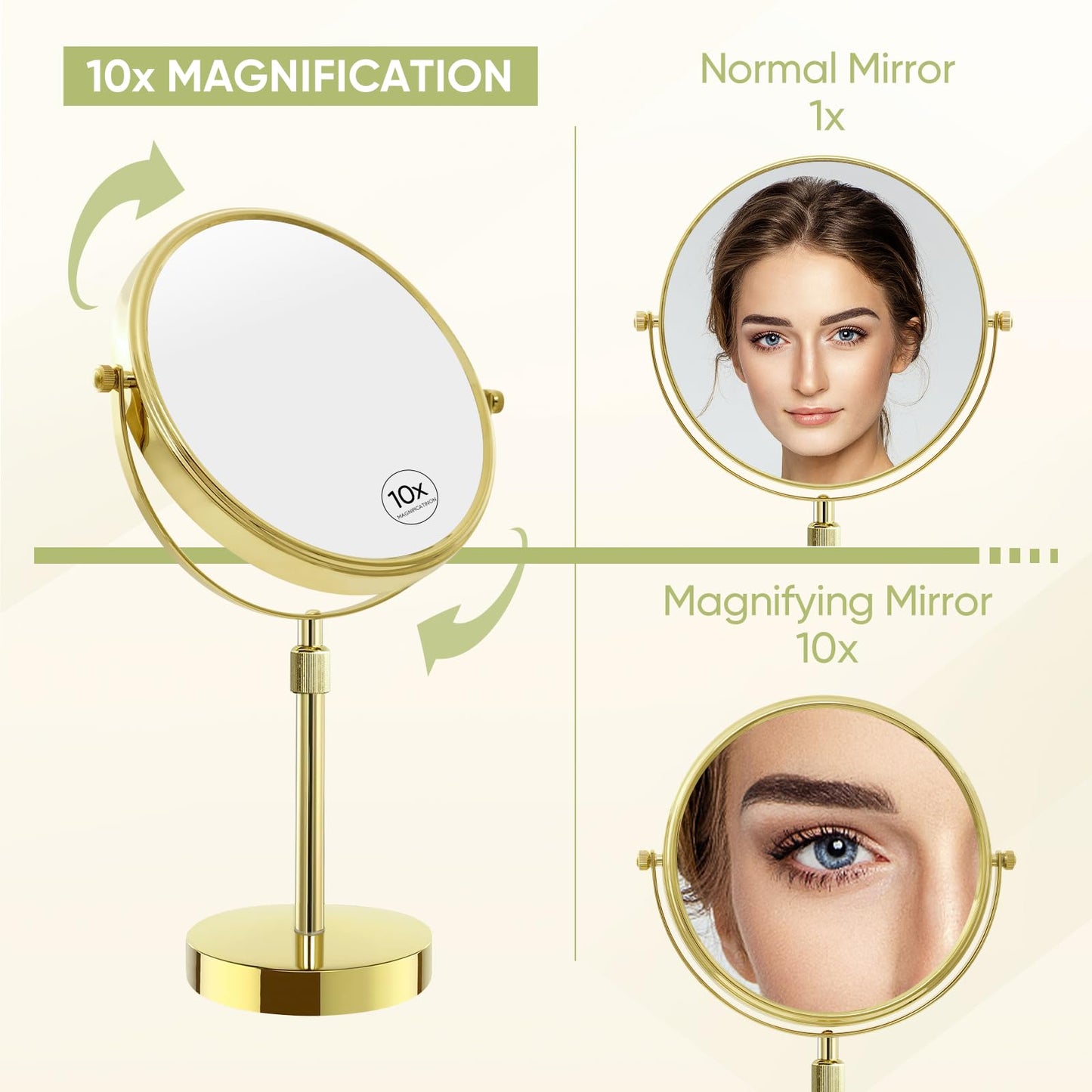 Nicesail Table Mirror 1X 10X Magnifying Mirror Double Sided, Vanity Makeup Mirror 360 Rotation 8 Inch Desk Mirror, Shiny Gold