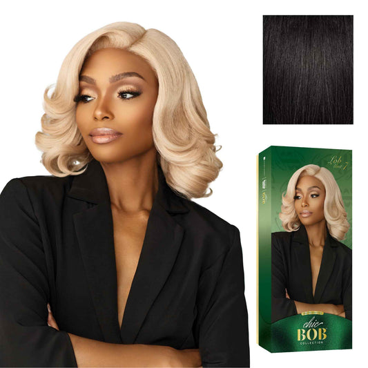 Sensationnel Chicbob Lace Frontwig - Lob Unit 7 Face Framing Glueless Wig Wide 5 Inch Deep Part Synthetic Preplucked Hairline (1B OFFBLACK)