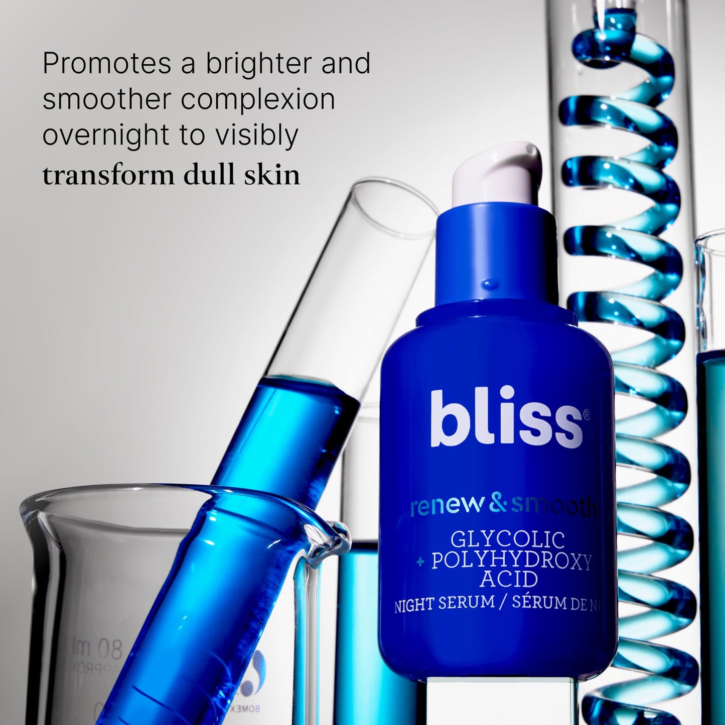 Bliss Renew & Smooth Night Face Serum | Resurfacing Treatment with Glycolic Acid and AHA Glycolic + Polyhydroxy Acid | for Smoother, Brighter Skin | Vegan & Cruelty-Free Exfoliating Serum | 1 Fl Oz