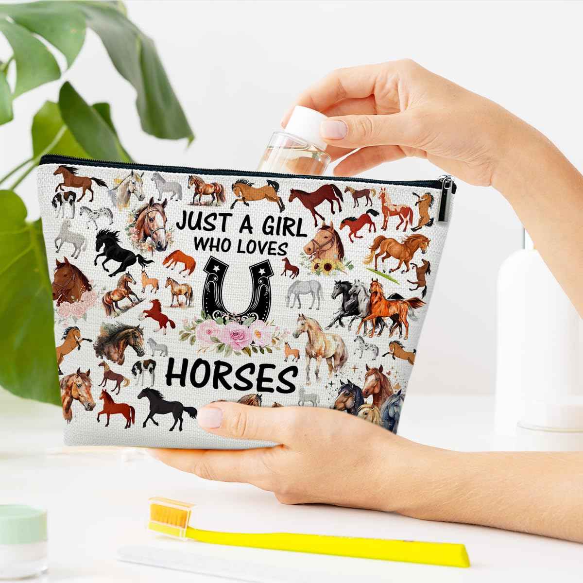 Ythuil Horse Makeup Bag Gift For Animal Lover, Pet Stuff Merch Cosmetic Pouch, Funny Birthday Christmas Gift For Pet Owner Sister Bestie Bff, Just A Girl Who Loves Horses