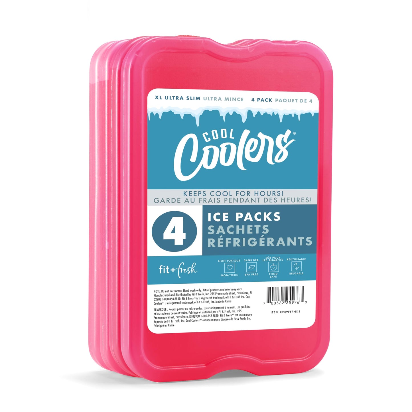 Cool Coolers by Fit & Fresh 4 Pack XL Slim Ice Packs, Quick Freeze Space Saving Reusable Ice Packs for Lunch Boxes or Coolers, Pink