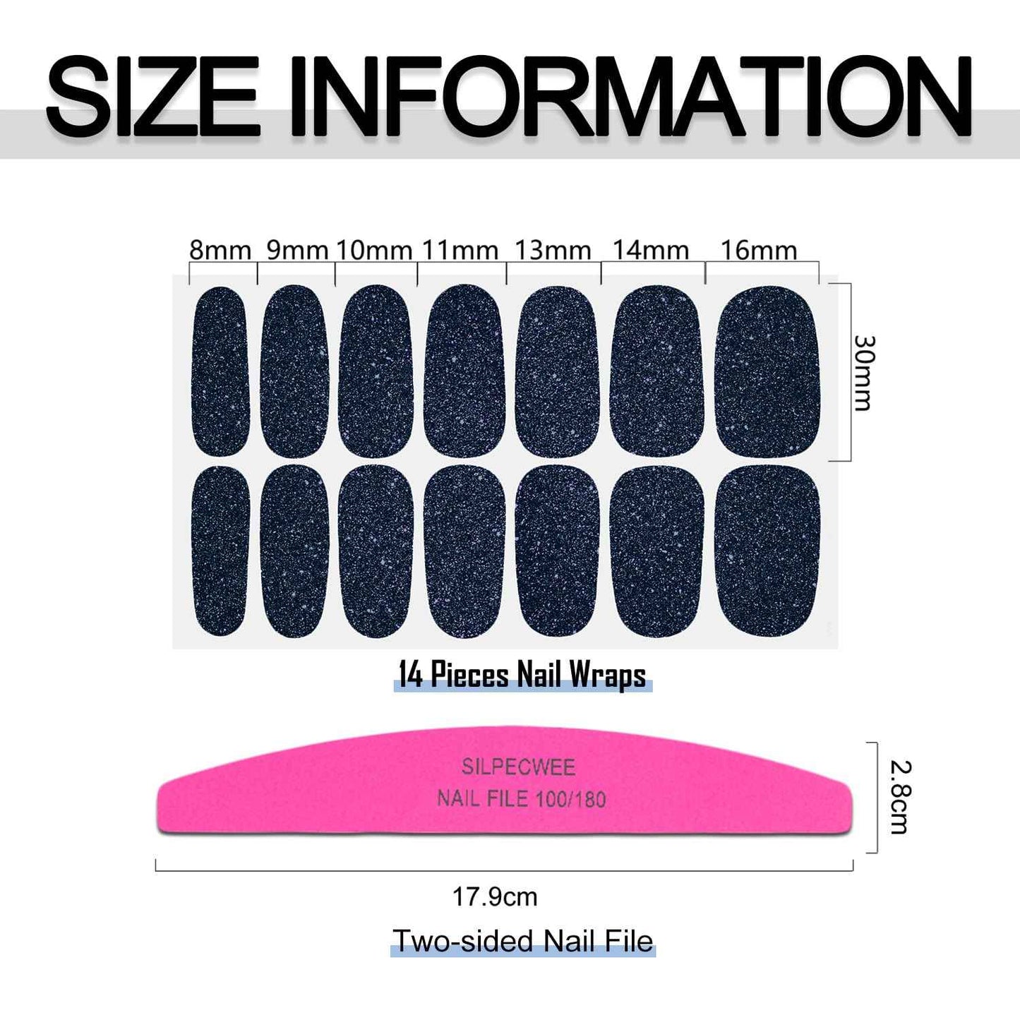 SILPECWEE 16 Sheets Blue Nail Wraps for Women Glitter Solid Color Nail Polish Stickers Stick on Nail Polish Strips Gel Nail Strips Self Adhesive Fingernail Manicure Design with Nail File