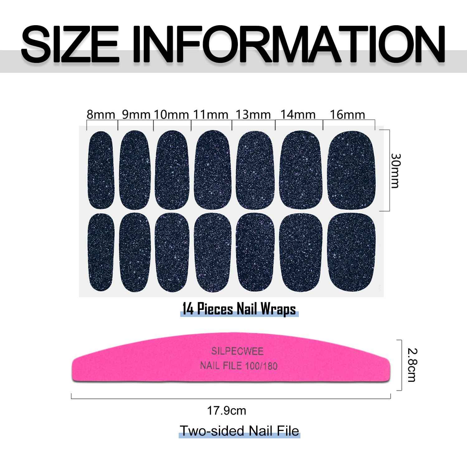 SILPECWEE 16 Sheets Blue Nail Wraps for Women Glitter Solid Color Nail Polish Stickers Stick on Nail Polish Strips Gel Nail Strips Self Adhesive Fingernail Manicure Design with Nail File