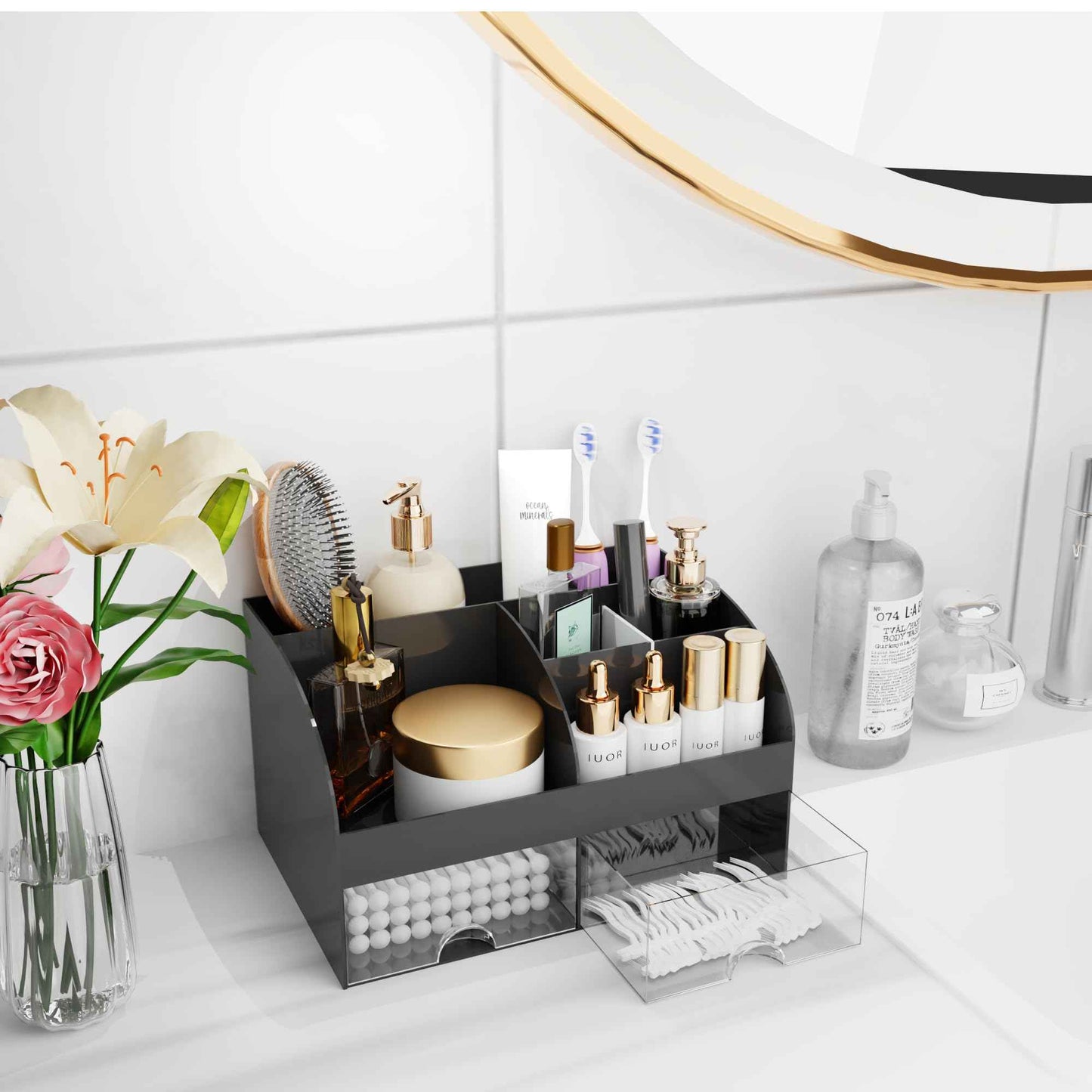 Makeup Organizer with Drawers, Cosmetic Storage for Dresser Vanity and Bathroom Countertop, Beauty Holder for Lipstick Brush, Skincare Organizer for Vanity, Cosmetic Display Case (Black)