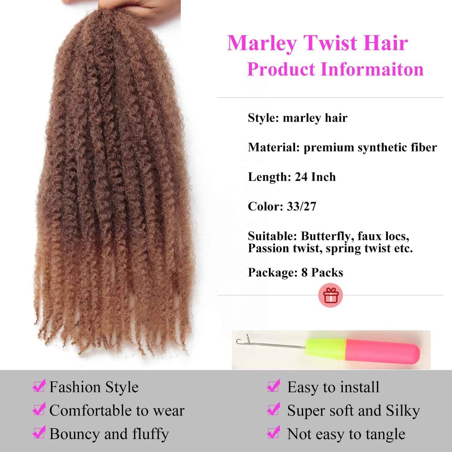 Marley Twist Braiding Hair 24 Inch 8 Packs – Fluffy&Tangle-Free Cuban Twist Hair for Braiding, Natural Look Synthetic Long-Lasting Spring Afro Kinky Twist Hair Extensions (33/27)
