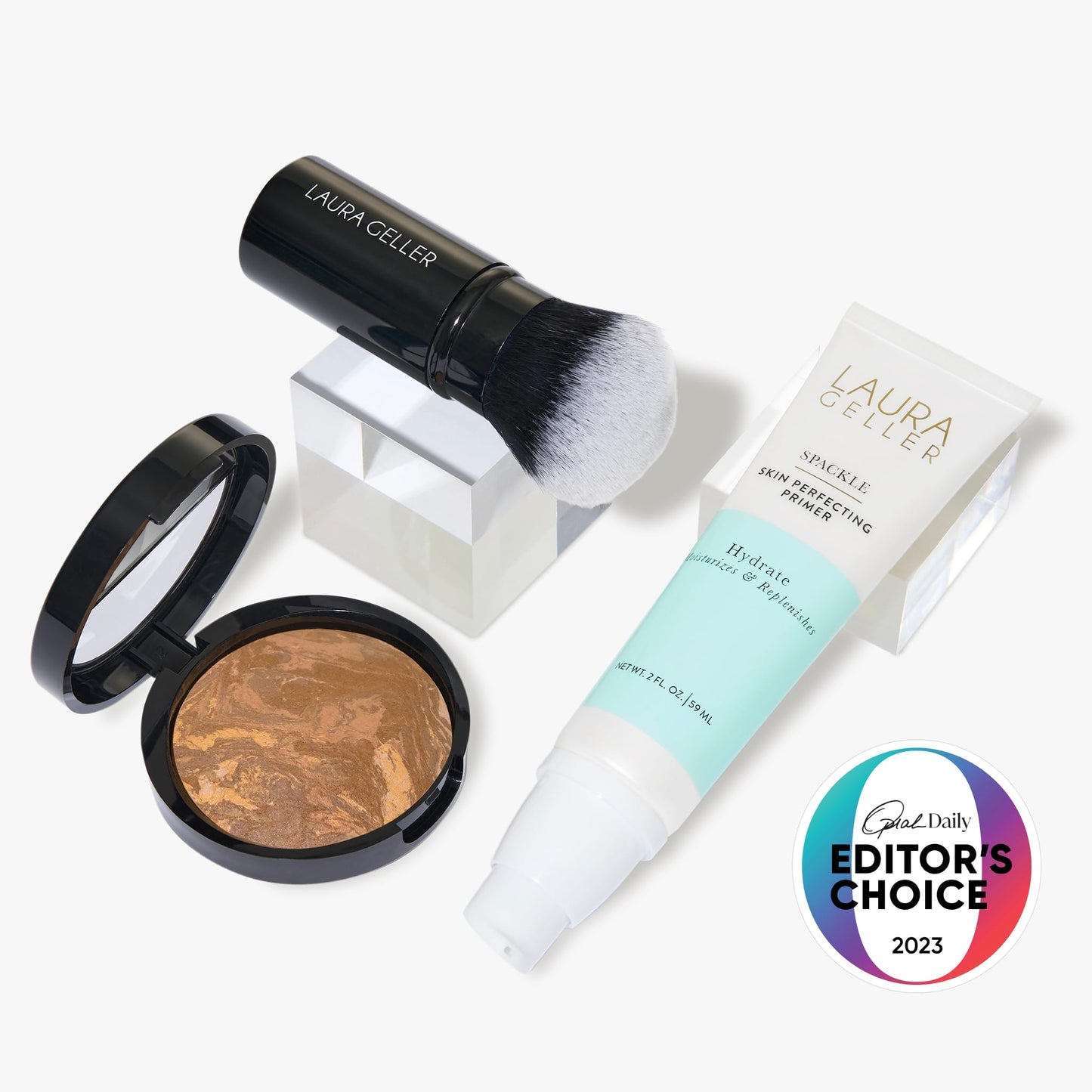 LAURA GELLER NEW YORK Face the Day Kit (3 PC) - Balance-n-Brighten Foundation, Sand + Spackle Skin Perfecting Primer, Hydrate + Airbrush Round Kabuki Brush