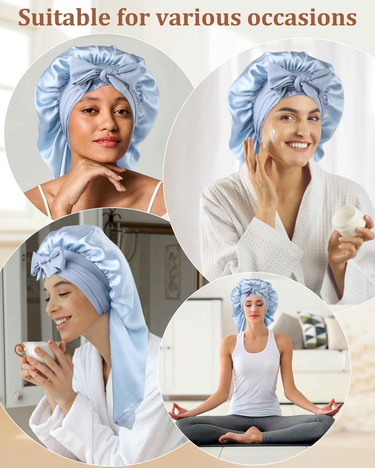 AWAYTR Long Silk Bonnet for Sleeping - 100% Mulberry Silk Bonnet for Women Long Hair Sleep Cap with Elastic Tie Band (Sky Blue)