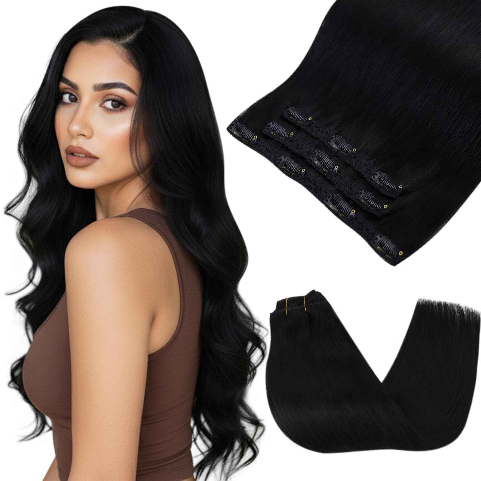Sunny Hair Clip in Hair Extensions Straight Human Hair Clip in Extensions Remy Clip in Hair Extensions Real Human Hair Extensions Clip ins Jet Black Color 1 for Women 14inch