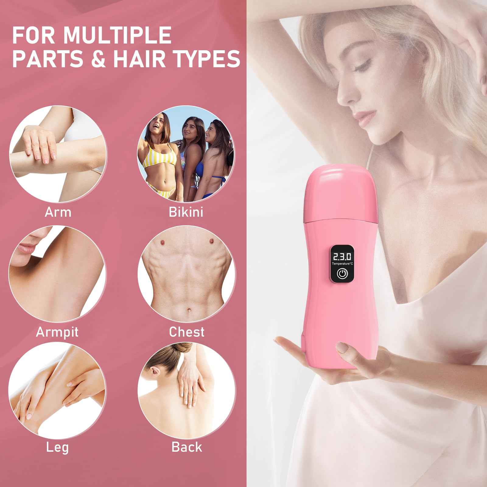 Roll on Wax Kit for Hair Removal - Wax Roller with Digital LED Display, Waxing Kit for Hair Removal for Women, Safe No-Burn At-Home Waxs Warmer, 2 Soft Honey Cartridges & 50 Strips